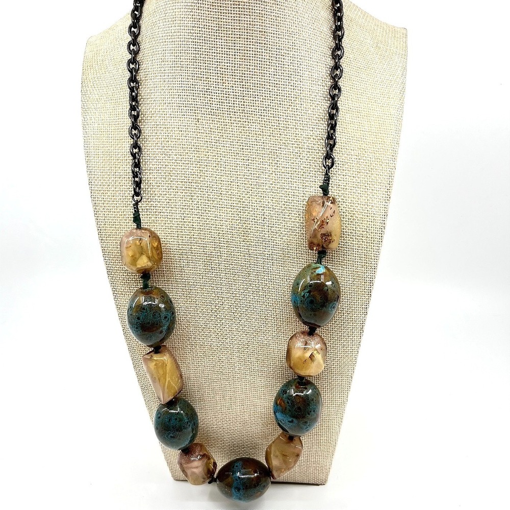 Vintage Chunky Blue & Amber Resin Statement Necklace Boho Earthy Retro Lobster